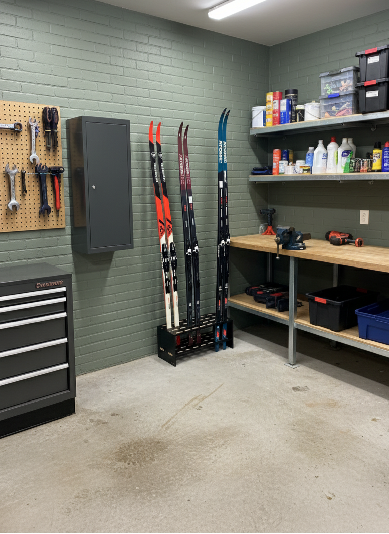 Skidställ i trä för 14 par längdskidor